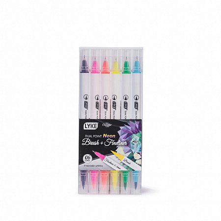 Conjunto de canetas Dual Point Neon Fineliner + Brush - 6 cores - Lyke