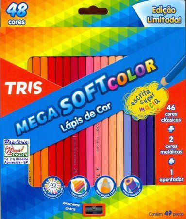 Lápis de cor 48 cores - 46 clássicas+2 cores metálicas + apontador - Mega SoftColor Tris