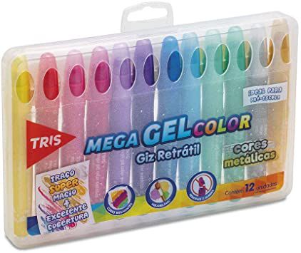 Giz de cera retrátil Mega Gel Color - cores metálicas - 12 cores - aquarelável - Tris