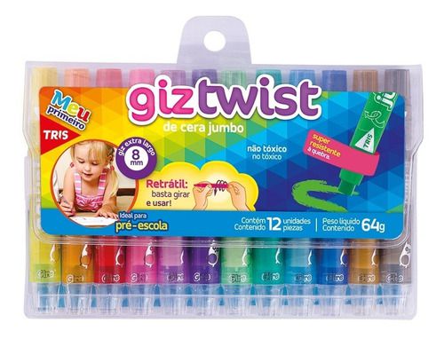 Giz de cera jumbo retrátil Twist  12 cores - Tris