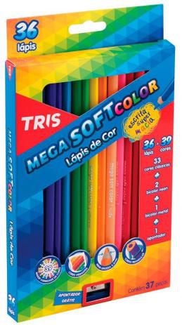 Lápis de cor 36 cores - 33 clássicas + 2 bicolor neon + 1 bicolor metal + apontador - Mega SoftColor - Tris