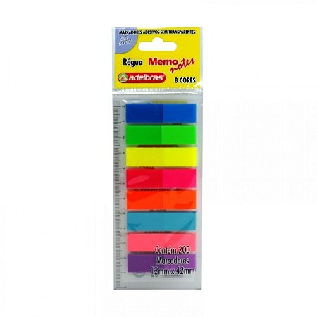 Marcadores de páginas adesivos - Régua Memo Notes - 12mmx42mm - 8 cores - 200 unidades - Adelbrás