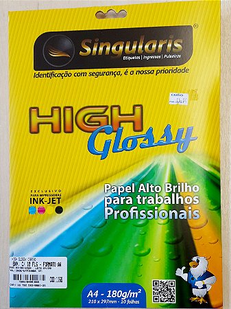 High Glossy - Papel alto brilho -  A4 - 180 g/m2 - envelope c/10 folhas - Singularis