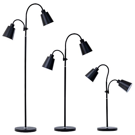 Luminária de Chão Preta TechLed | Corpo Flexível | 2 Cúpulas E27 | Interruptor Duplo