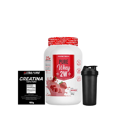 KIT PURE WHEY 2W 900GR MORANGO + 150G CREATINA ULTRAPURE + COQUETELEIRA