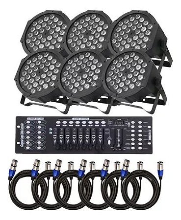 Kit 6 Canhões Refletor Led Rgbw 36 Led Slim + Mesa Dmx + Cabo Dmx