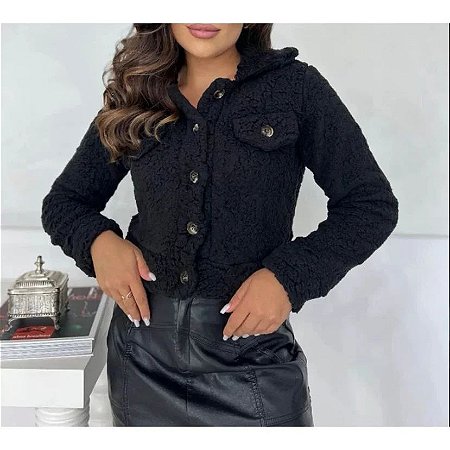 Jaqueta teddy feminina com botões e bolso macio moda estilo