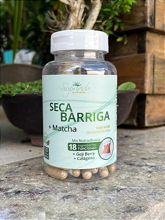 SECA BARRIGA C/ MATCHÁ (Beringela, Banana verde, Feijão branco, Maracujá, Maçã, Laranja, Limão, Mamão, Cenoura, Ameixa e uva farinhas, Colágeno, Psyllium, Agar-agar, Chia, Chá verde, Goji-berry + Matchá)