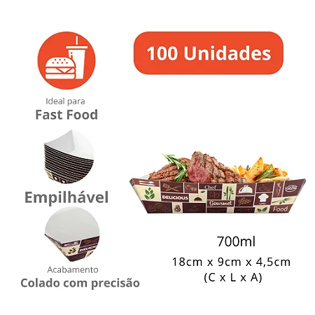 FT05 - 100 - Bandeja Barca Canoa Impermeável para Porções Grandes 1100ml