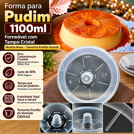 POTE53TWH -28 un – Forma para Pudim 1100ml Forneável com Tampa Cristal Wer Modelo Novo – Tamanho Família Grande