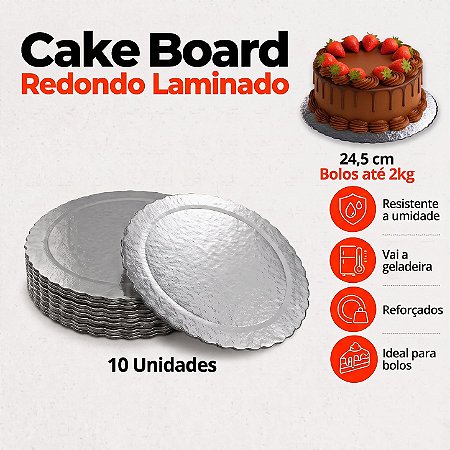 D245 - 10 un – Prato Cake Board Slim Prata Redondo em Papel Paraná Dupla Face até 2,0kg
