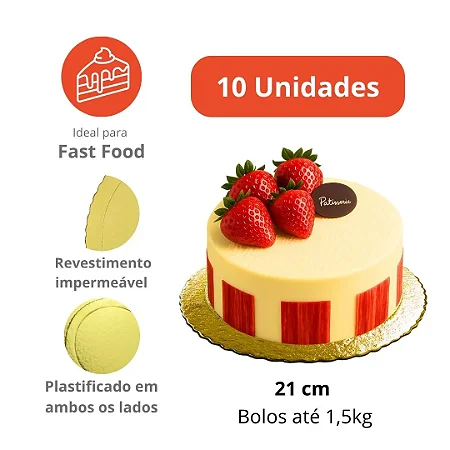 D210 - Prato Dourado Cake Board Slim 21cm – 10 Unidades | Resistente à Umidade