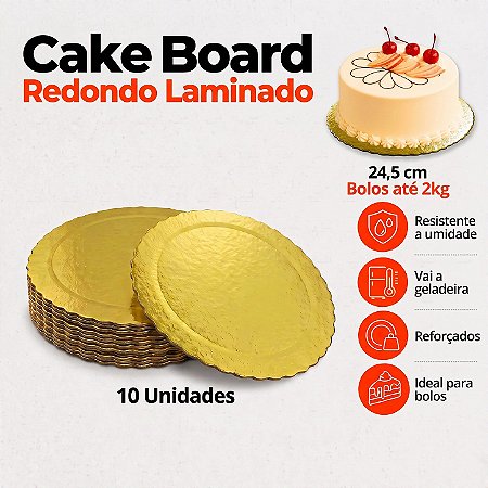 D245 - 10 un – Prato Cake Board Slim Dourado Redondo em Papel Paraná Dupla Face até 2,0kg
