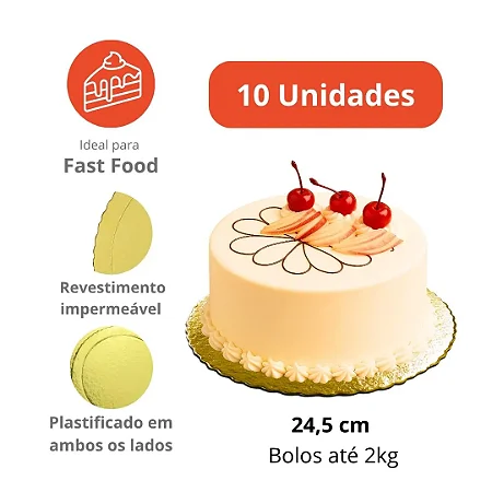 D245-Prato Dourado Cake Board Slim 24,5cm – 10 Unidades | Capacidade 2kg