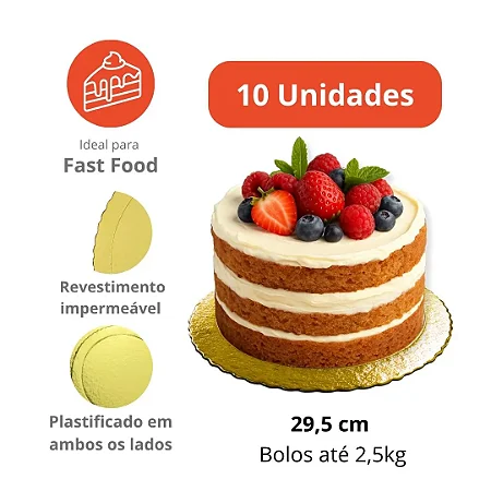 D295 -Prato Dourado Cake Board Slim 29,5cm – 10 Unidades | Capacidade 2,5kg