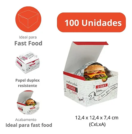 H6 - Caixa para Lanche e Porções Delivery 100 Unidades com Fundo Automático