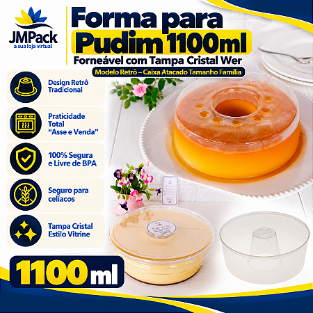53TWH-RETRO - 50 un – Forma para Pudim 1100ml Forneável com Tampa Cristal Wer Modelo Retrô – Caixa Atacado Tamanho Família