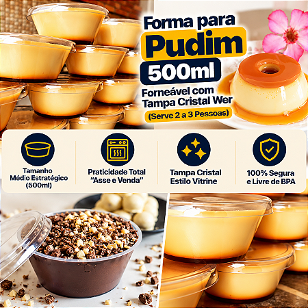 PW64TWH - 60 un – Forma para Pudim 500ml Forneável com Tampa Cristal Wer – Caixa Atacado Tamanho Médio (Serve 2 a 3 Pessoas)