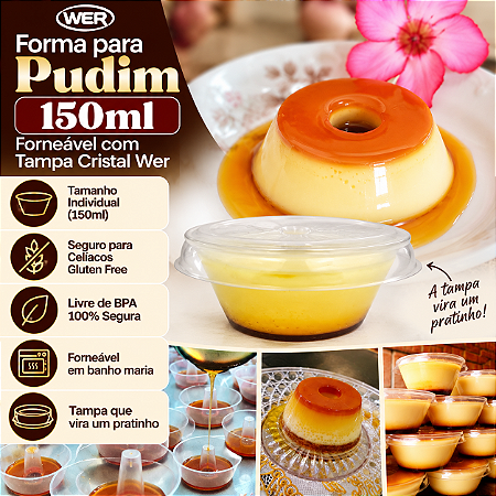 PW33TWH - 90 un – Forma para Pudim 150ml Forneável com Tampa Cristal Wer – Caixa Atacado Tamanho Individual