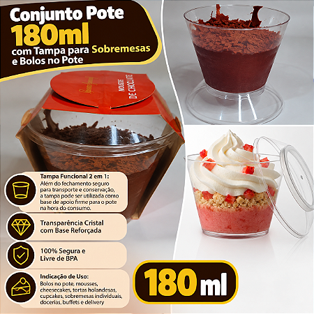 100 un – Conjunto Pote 180ml com Tampa para Sobremesas e Bolos no Pote