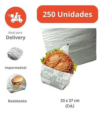 PA01P - 250 unid - Papel laminado para embalar hamburguer, lanche diversos