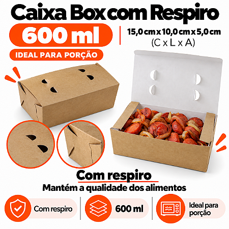 BA5- 50 un – Embalagem Kraft Antivazamento 600ml Forneável com Tampa Integrada para Delivery