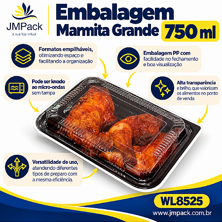 10 un – Embalagem Marmita Grande 750ml com Tampa Transparente