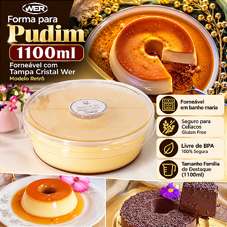 53TWH - 64 un – Forma para Pudim 1100ml Forneável com Tampa Cristal Wer Modelo Retrô – Caixa Atacado Tamanho Família