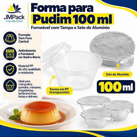 PW62TWH - 10 un – Forma para Mini Pudim 100ml Sem Furo Forneável com Tampa Cristal e Selo de Alumínio Wer