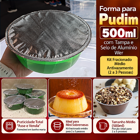 PW64TWH - 5 kits – Forma para Pudim 500ml com Tampa e Selo de Alumínio Wer – Kit Fracionado Médio Antivazamento (2 a 3 Pessoas)