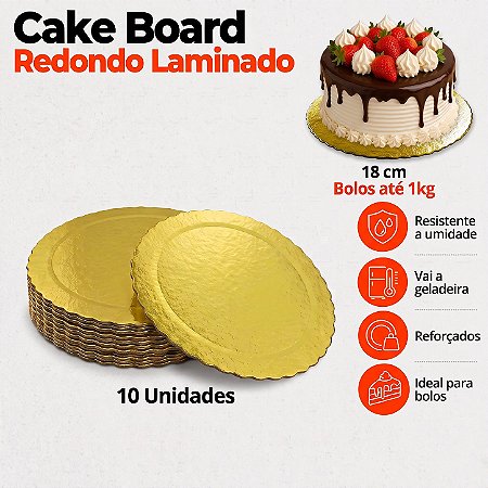 D180- 10 un – Prato Cake Board Slim Dourado Redondo em Papel Paraná Dupla Face até 1,0kg