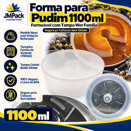 PW53TWH -50 un Forma para Pudim 1100ml Forneável com Tampa Wer Família – Segura p/ Celíacos Sem Glúten