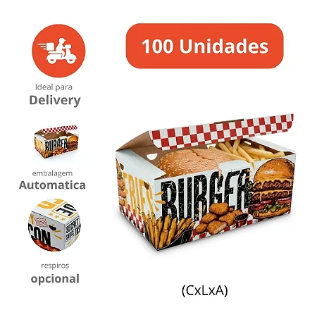 H17 - 100 un – Embalagem Caixa para Combos e Porções com Montagem Automática 19,4x12x8cm