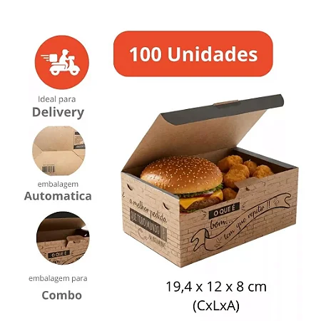 H17C - 100 un – Embalagem Caixa Kraft para Combos e Porções com Montagem Automática e Respiros para Delivery