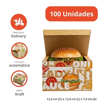 H6K - 100 un – Embalagem Caixa para Hambúrguer 12,4x12,4x7,4cm com Montagem Automática e Respiros para Delivery