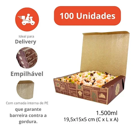 BA2 -100 unid - Caixa Box antivazamento para comidas diversas grande ( 1500 ml )