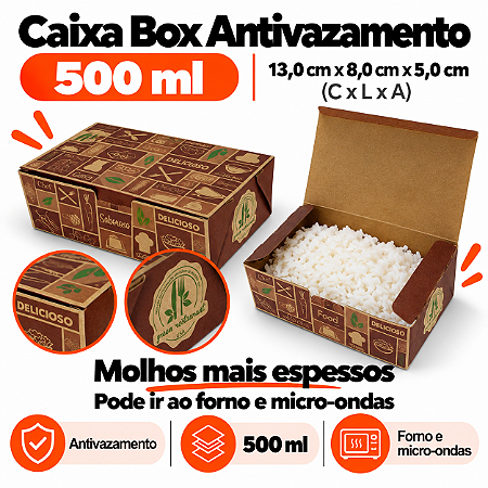BA3 - 100 un – Embalagem Antivazamento Kraft 500ml Forneável com Tampa Integrada para Delivery