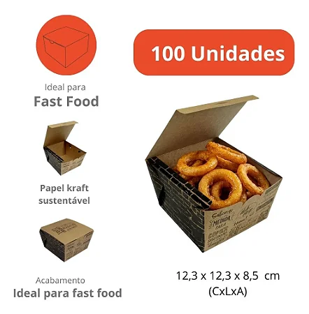 H15K - Caixa para Lanche e Porções Delivery 100 Unidades Kraft com Impermeabilização