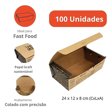 H16K - 100 – Caixa para Lanche e Combos Delivery em Papel Kraft Impermeável 24x12x8 cm