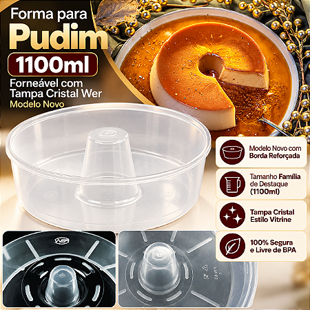 PW53TWH - 64 un – Forma para Pudim 1100ml Forneável com Tampa Cristal Wer Modelo Novo – Caixa Atacado Tamanho Família