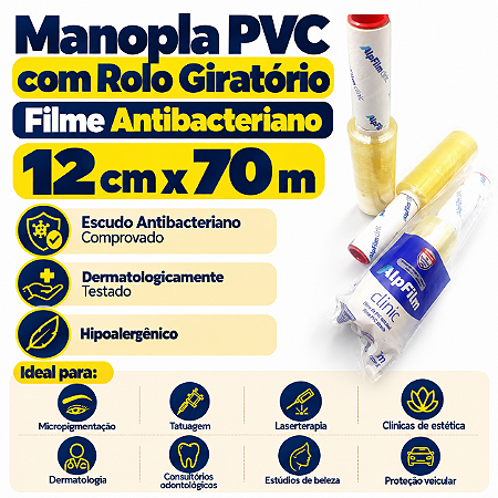 1 un – Manopla PVC com Rolo Giratório Filme Antibacteriano 12cm x 70m Alpfilm Clinic