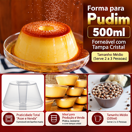 PW64TWH - 30 un – Forma para Pudim 500ml Forneável com Tampa Cristal Wer – Tamanho Médio (Serve 2 a 3 Pessoas)