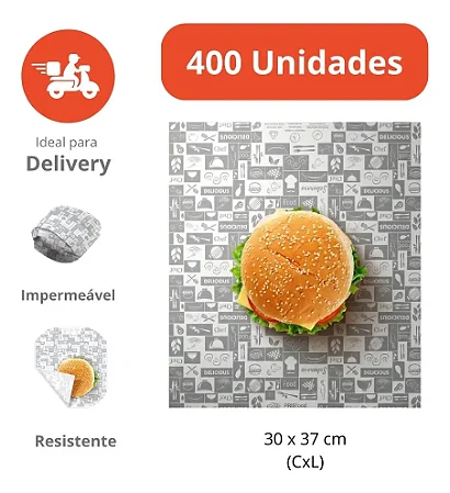 PA01 - 400 unid - Papel acoplado para embalar hamburguer, lanche