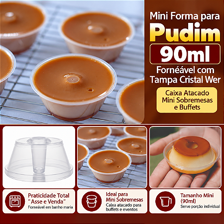 PW61TWH - 300 un – Mini Forma para Pudim 90ml Forneável com Tampa Cristal Wer – Caixa Atacado Mini Sobremesas e Buffets