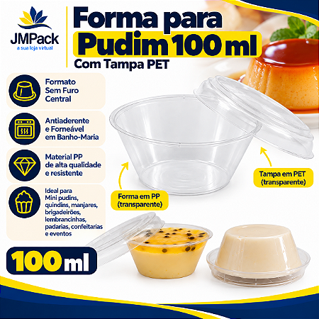 PW62TWH - 10 un – Forma para Mini Pudim 100ml Sem Furo Forneável com Tampa que Vira Pratinho Wer
