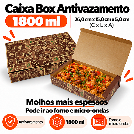 BA4 - 100 un – Embalagem Antivazamento Kraft 1800ml Forneável com Tampa Integrada para Delivery