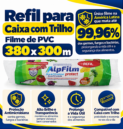 1 un – Filme de PVC Protect Refil para Caixa com Trilho 380mm x 300m Alpfilm