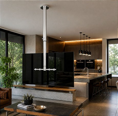 Suporte Giratório TV - Modelo Teto - Com Regulagem de Altura - Cor Brilhante - Aço Inox - Vidro Preto Para TV’s de 32” a 55”