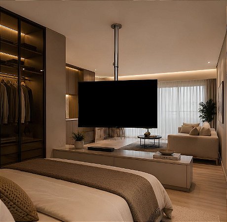 Suporte Giratório TV - Modelo Teto - Com Regulagem de Altura - Cor Brilhante - Aço Inox - Vidro Preto Para TV’s de 32” a 55”