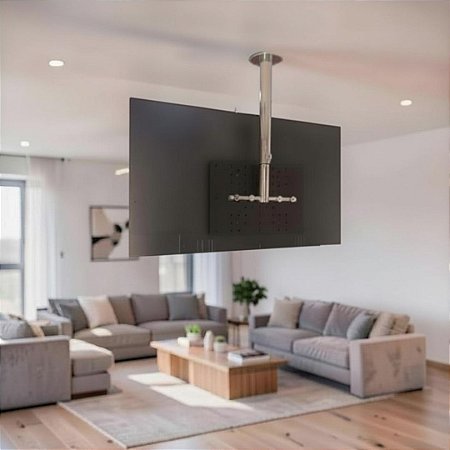 Suporte TV _ Fixação Teto _ Com Regulagem de Altura _ Cor Polido / Escovado _ Para TV’s de 32” a 86” _ Modelo Não Giratório